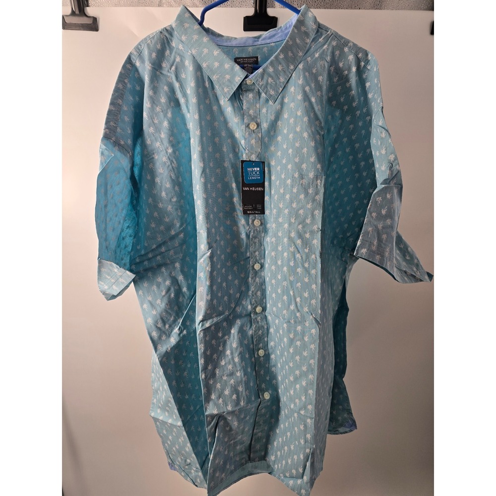 Van Heusen Never Tuck Mens 6XL Big & Tall Palm Tree Shirt Larkspur Blue Short Sl